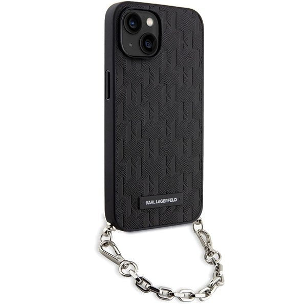 Karl Lagerfeld iPhone 15 / 14 / 13 - Σκληρή Θήκη με Επένδυση Συνθετικού Δέρματος και Πλαίσιο Σιλικόνης - Saffiano Monogram Chain - Black