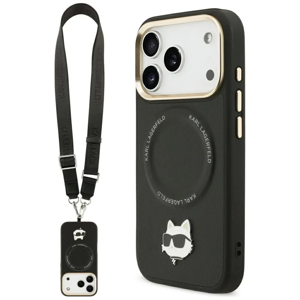 Karl Lagerfeld iPhone 17 Pro - Big Strap Choupette Metal Logo MagSafe - Σκληρή Θήκη με Επένδυση Συνθετικού Δέρματος και Λουράκι - Black