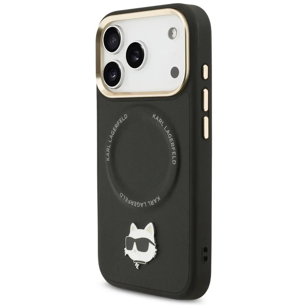 Karl Lagerfeld iPhone 17 Pro - Big Strap Choupette Metal Logo MagSafe - Σκληρή Θήκη με Επένδυση Συνθετικού Δέρματος και Λουράκι - Black