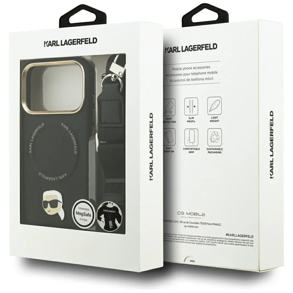 Karl Lagerfeld iPhone 17 Pro - Big Strap Karl Metal Logo MagSafe - Σκληρή Θήκη με Επένδυση Συνθετικού Δέρματος και Λουράκι - Black
