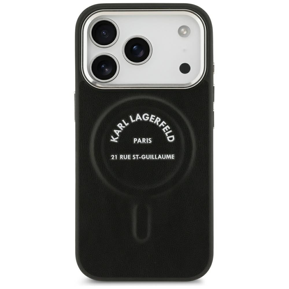 Karl Lagerfeld iPhone 17 Pro / iPhone 18 Pro - Σκληρή Θήκη με Επένδυση Οικολογικού Δέρματος - Embossed Open Ring RSG Logo MagSafe - Black