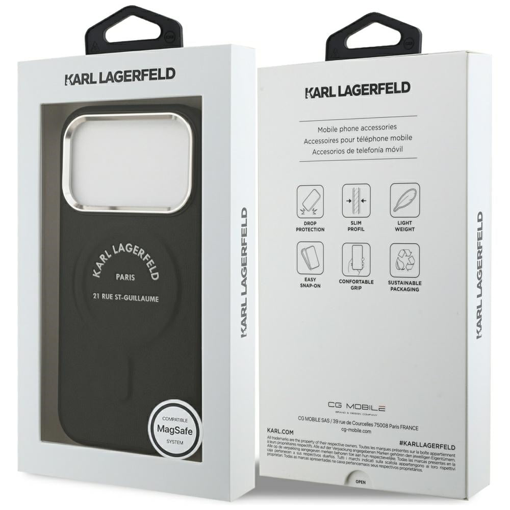 Karl Lagerfeld iPhone 17 Pro / iPhone 18 Pro - Σκληρή Θήκη με Επένδυση Οικολογικού Δέρματος - Embossed Open Ring RSG Logo MagSafe - Black