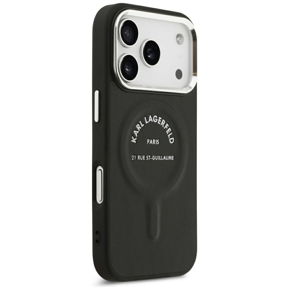 Karl Lagerfeld iPhone 17 Pro / iPhone 18 Pro - Σκληρή Θήκη με Επένδυση Οικολογικού Δέρματος - Embossed Open Ring RSG Logo MagSafe - Black
