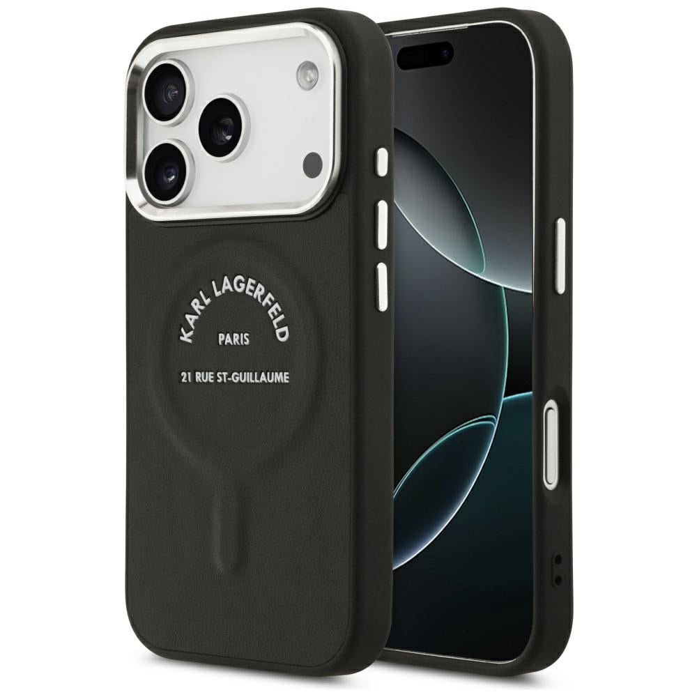 Karl Lagerfeld iPhone 17 Pro / iPhone 18 Pro - Σκληρή Θήκη με Επένδυση Οικολογικού Δέρματος - Embossed Open Ring RSG Logo MagSafe - Black