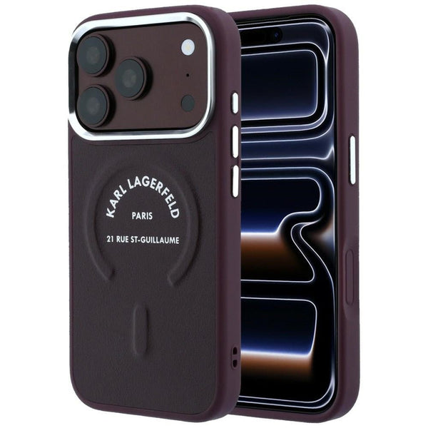 Karl Lagerfeld iPhone 17 Pro / iPhone 18 Pro - Σκληρή Θήκη με Επένδυση Οικολογικού Δέρματος - Embossed Open Ring RSG Logo MagSafe - Burgundy