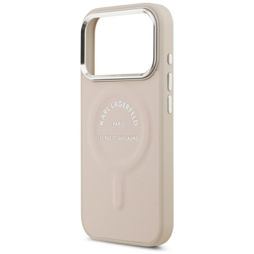 Karl Lagerfeld iPhone 17 Pro / iPhone 18 Pro - Σκληρή Θήκη με Επένδυση Οικολογικού Δέρματος - Embossed Open Ring RSG Logo MagSafe - Pink