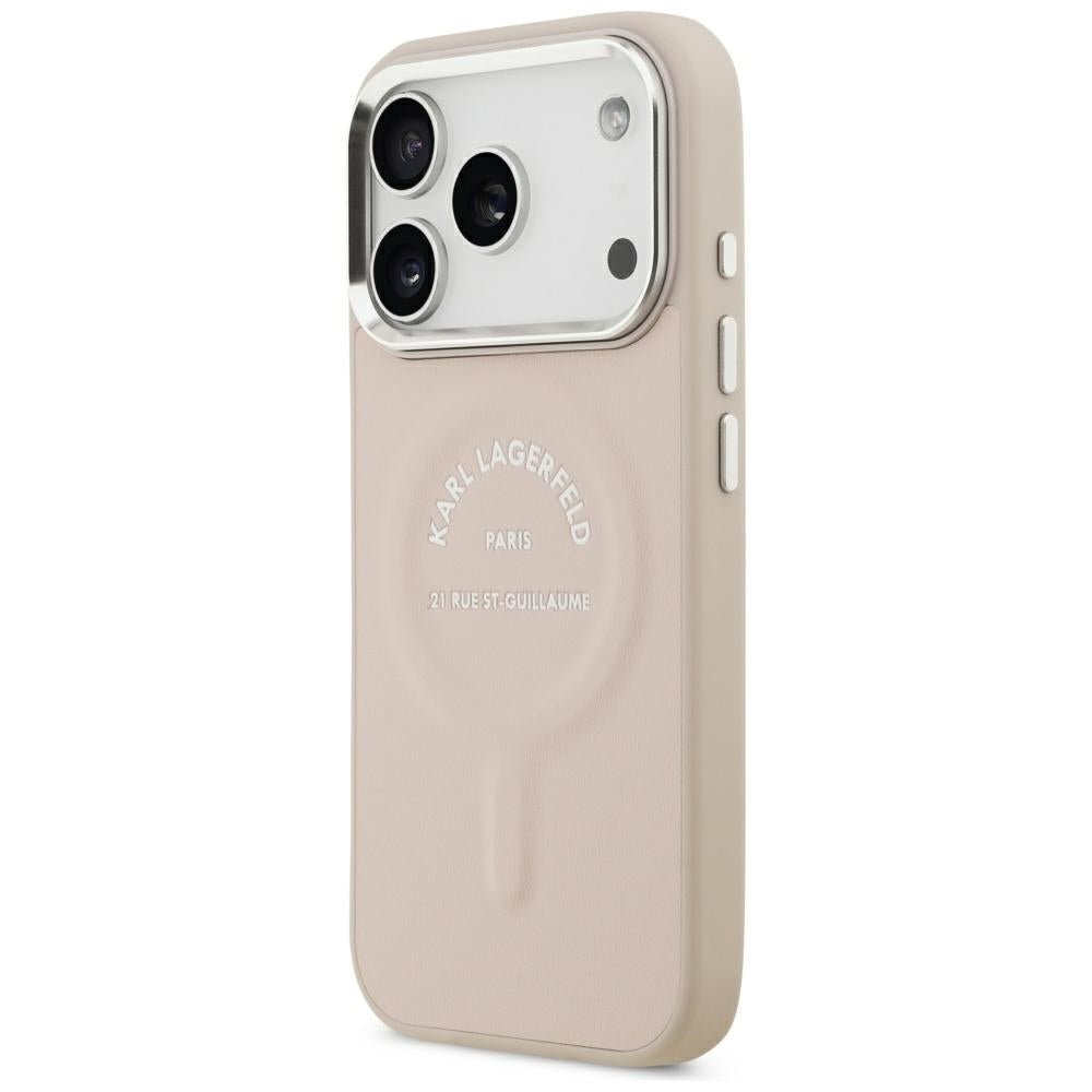 Karl Lagerfeld iPhone 17 Pro / iPhone 18 Pro - Σκληρή Θήκη με Επένδυση Οικολογικού Δέρματος - Embossed Open Ring RSG Logo MagSafe - Pink