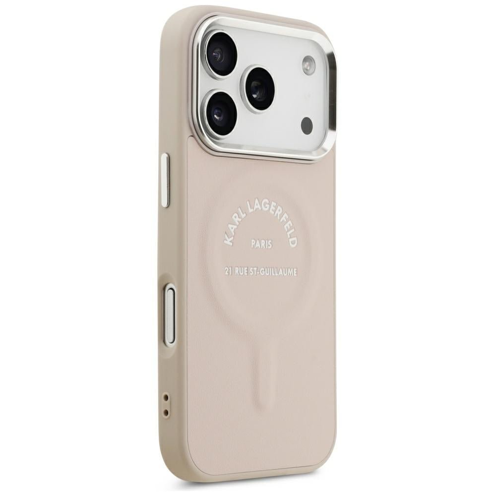 Karl Lagerfeld iPhone 17 Pro / iPhone 18 Pro - Σκληρή Θήκη με Επένδυση Οικολογικού Δέρματος - Embossed Open Ring RSG Logo MagSafe - Pink
