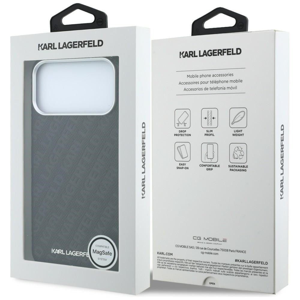 Karl Lagerfeld iPhone 17 Pro / iPhone 18 Pro - Σκληρή Θήκη με Επένδυση Οικολογικού Δέρματος - Grained Allover Logo Metal Elongated Magsafe - Black