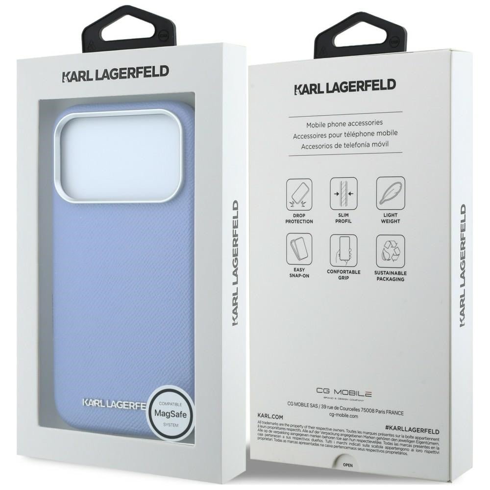 Karl Lagerfeld iPhone 17 Pro / iPhone 18 Pro - Σκληρή Θήκη με Επένδυση Οικολογικού Δέρματος - Grained Elongated Logo MagSafe - Blue