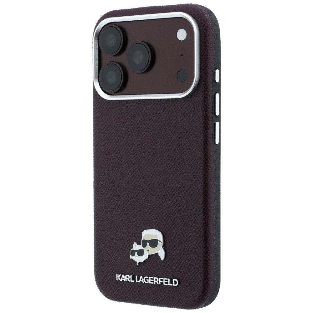 Karl Lagerfeld iPhone 17 Pro / iPhone 18 Pro - Σκληρή Θήκη με Επένδυση Οικολογικού Δέρματος - Grained Heads Metal MagSafe - Burgundy