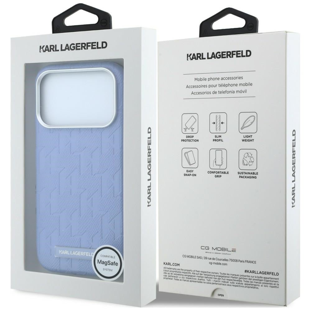 Karl Lagerfeld iPhone 17 Pro / iPhone 18 Pro - Σκληρή Θήκη με Επένδυση Οικολογικού Δέρματος - Grained Mono Resin Logo MagSafe - Light Blue