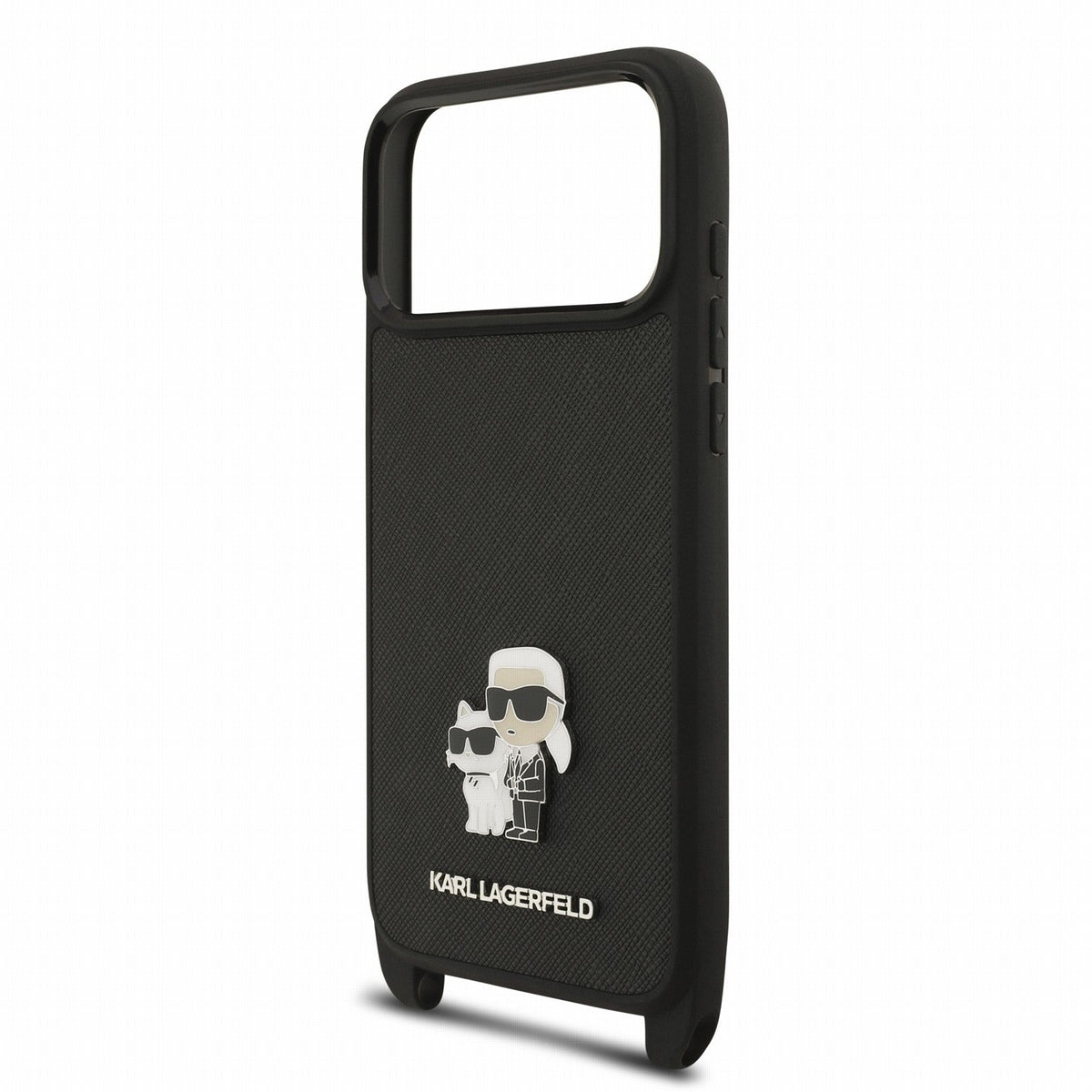 Karl Lagerfeld iPhone 17 Pro / iPhone 18 Pro - Σκληρή Θήκη με Επένδυση Συνθετικού Δέρματος και Πλαίσιο Σιλικόνης - Saffiano Crossbody Strap Metal Karl and Choupette - Black