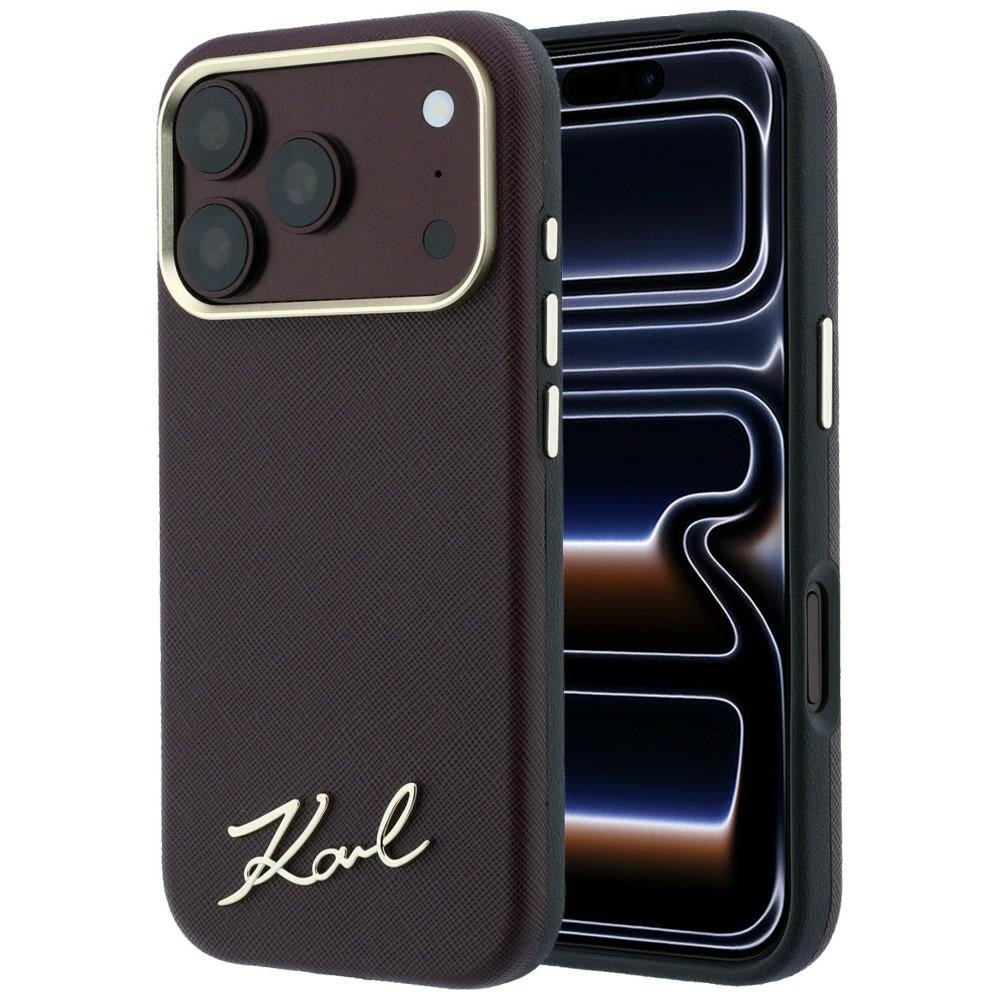 Karl Lagerfeld iPhone 17 Pro / iPhone 18 Pro - Σκληρή Θήκη με Επένδυση Συνθετικού Δέρματος και Πλαίσιο Σιλικόνης - Saffiano Small Script Metal Logo MagSafe - Burgundy