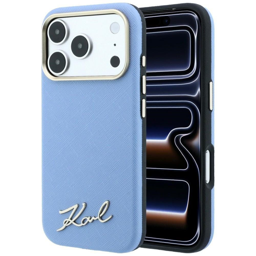 Karl Lagerfeld iPhone 17 Pro / iPhone 18 Pro - Σκληρή Θήκη με Επένδυση Συνθετικού Δέρματος και Πλαίσιο Σιλικόνης - Saffiano Small Script Metal Logo MagSafe - Light Blue