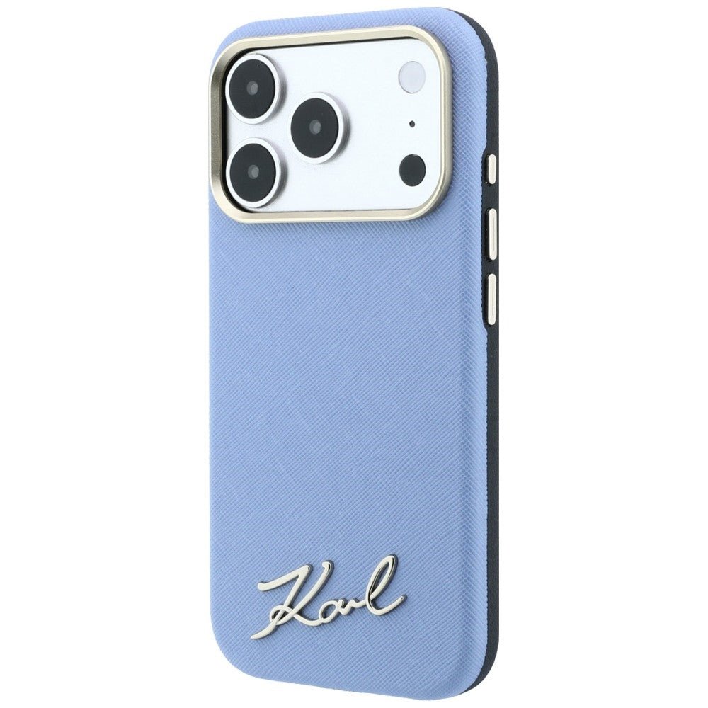 Karl Lagerfeld iPhone 17 Pro / iPhone 18 Pro - Σκληρή Θήκη με Επένδυση Συνθετικού Δέρματος και Πλαίσιο Σιλικόνης - Saffiano Small Script Metal Logo MagSafe - Light Blue