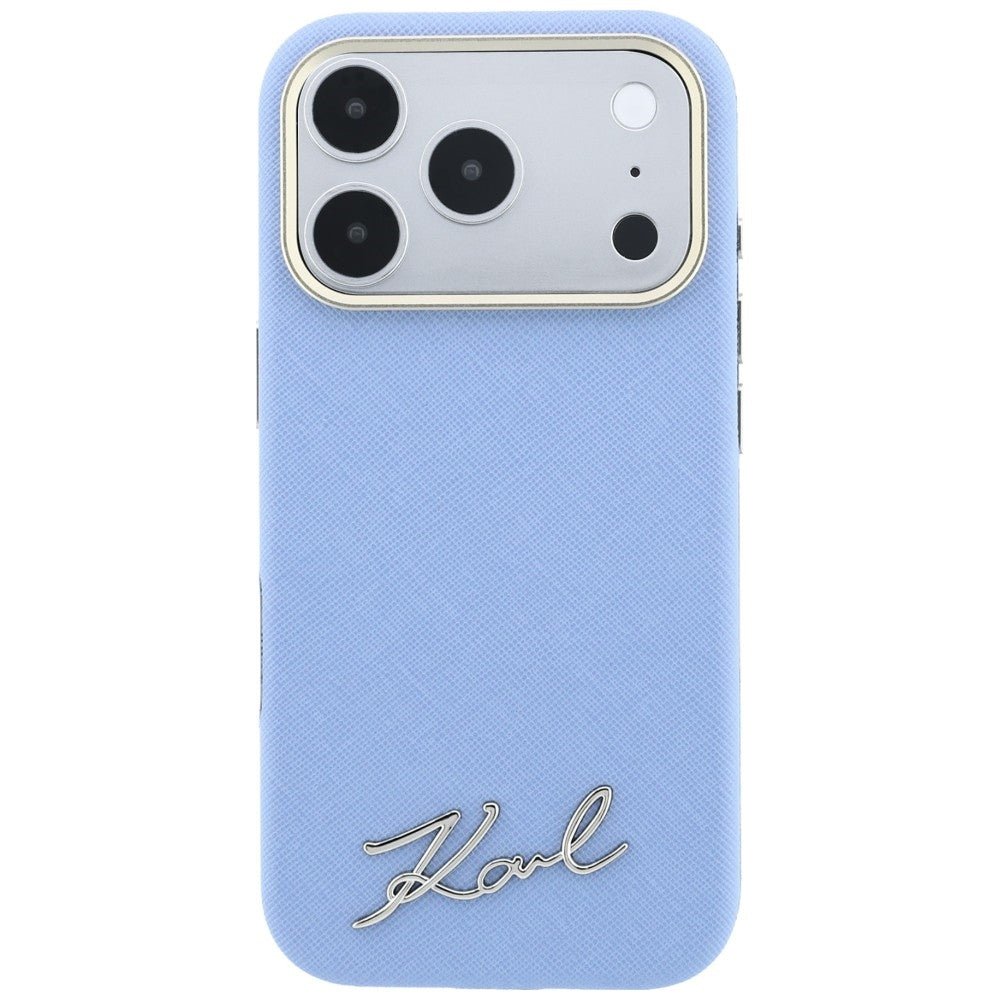 Karl Lagerfeld iPhone 17 Pro / iPhone 18 Pro - Σκληρή Θήκη με Επένδυση Συνθετικού Δέρματος και Πλαίσιο Σιλικόνης - Saffiano Small Script Metal Logo MagSafe - Light Blue