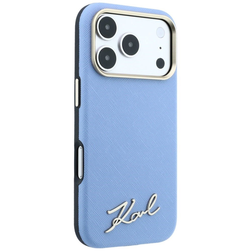 Karl Lagerfeld iPhone 17 Pro / iPhone 18 Pro - Σκληρή Θήκη με Επένδυση Συνθετικού Δέρματος και Πλαίσιο Σιλικόνης - Saffiano Small Script Metal Logo MagSafe - Light Blue
