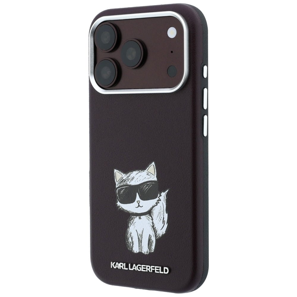 Karl Lagerfeld iPhone 17 Pro / iPhone 18 Pro - Σκληρή Θήκη με Επένδυση Συνθετικού Δέρματος και Πλαίσιο Σιλικόνης - Smooth Choupette Sketch MagSafe - Burgundy