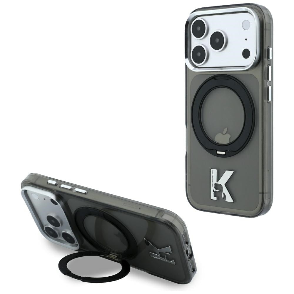 Karl Lagerfeld iPhone 17 Pro / iPhone 18 Pro - Σκληρή Θήκη με Πλαίσιο Σιλικόνης και Δαχτυλίδι Συγκράτησης - IML Ring Stand 360 Kameo Metal MagSafe - Black