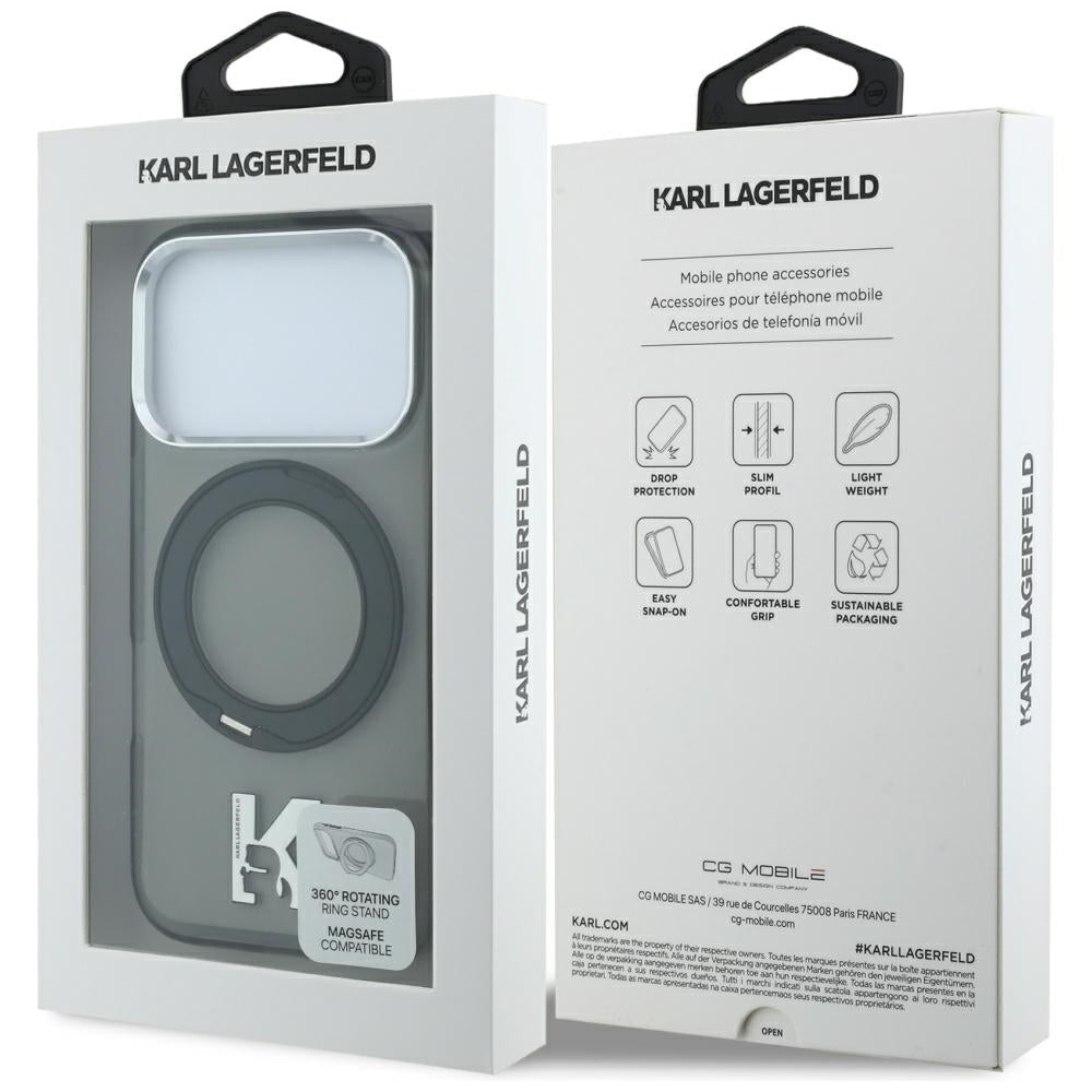 Karl Lagerfeld iPhone 17 Pro / iPhone 18 Pro - Σκληρή Θήκη με Πλαίσιο Σιλικόνης και Δαχτυλίδι Συγκράτησης - IML Ring Stand 360 Kameo Metal MagSafe - Black
