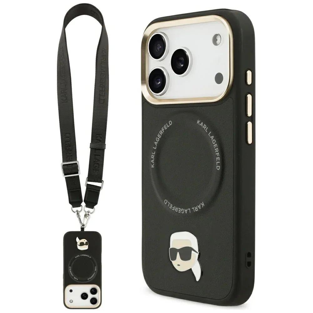 Karl Lagerfeld iPhone 17 Pro Max - Big Strap Karl Metal Logo MagSafe - Σκληρή Θήκη με Επένδυση Συνθετικού Δέρματος και Λουράκι - Black