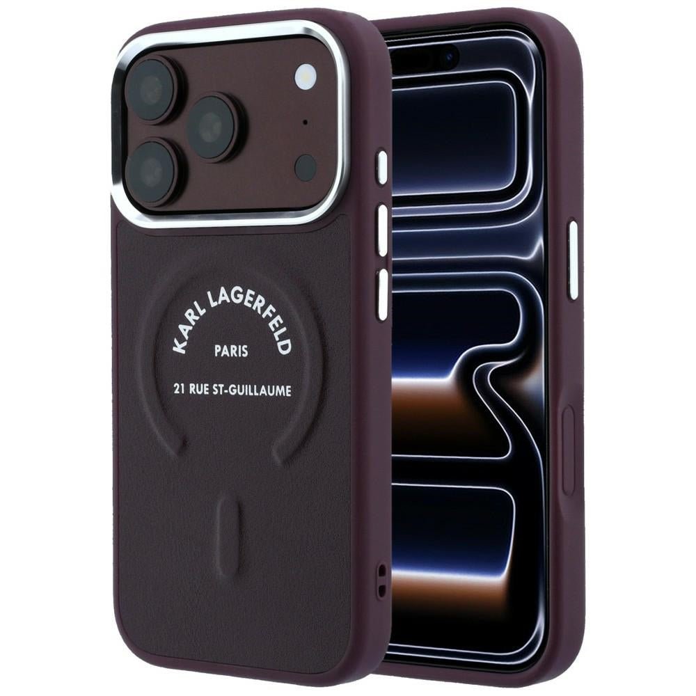 Karl Lagerfeld iPhone 17 Pro Max / iPhone 18 Pro Max - Σκληρή Θήκη με Επένδυση Οικολογικού Δέρματος - Embossed Open Ring RSG Logo MagSafe - Burgundy