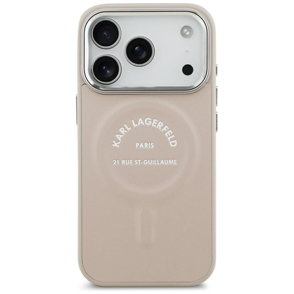 Karl Lagerfeld iPhone 17 Pro Max / iPhone 18 Pro Max - Σκληρή Θήκη με Επένδυση Οικολογικού Δέρματος - Embossed Open Ring RSG Logo MagSafe - Pink