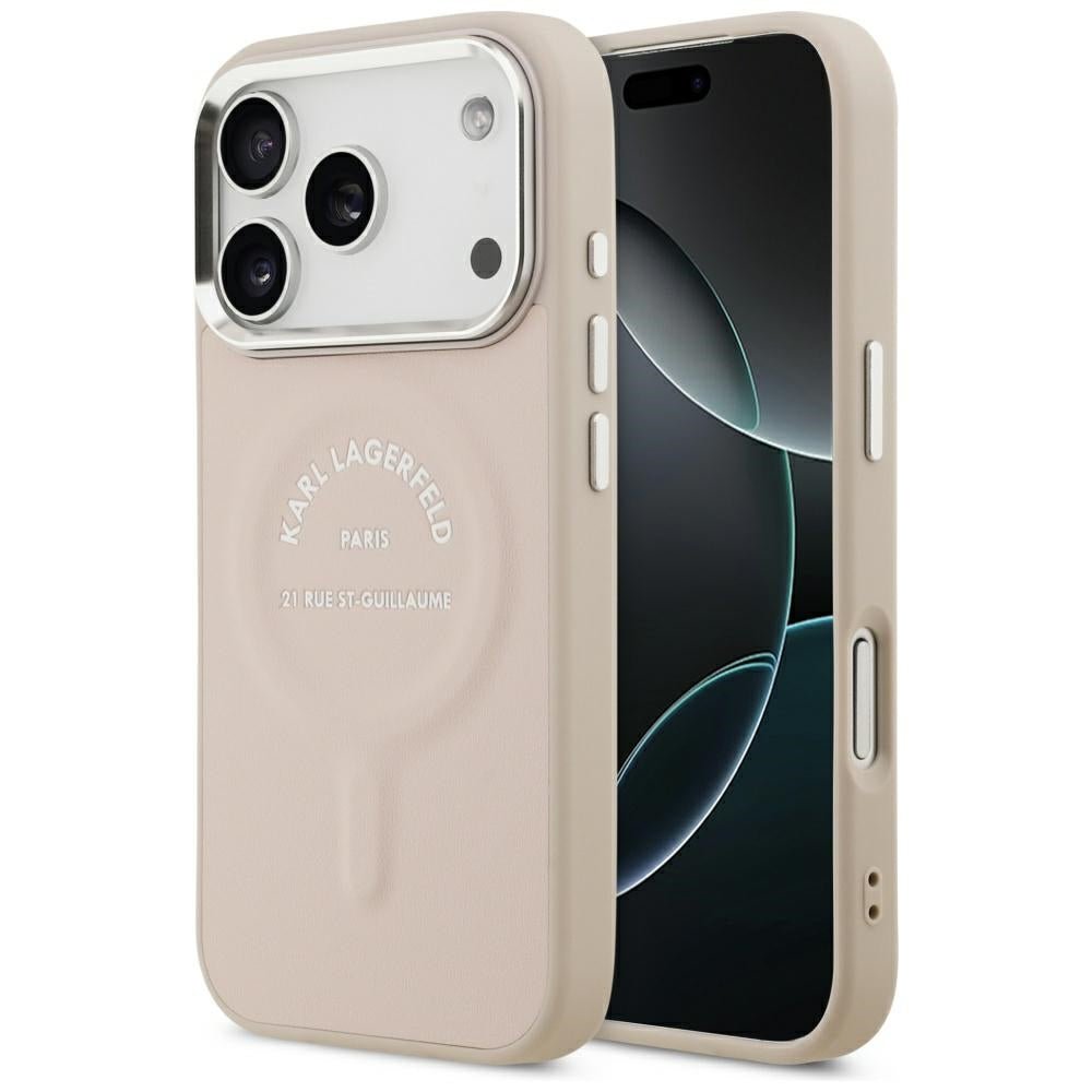 Karl Lagerfeld iPhone 17 Pro Max / iPhone 18 Pro Max - Σκληρή Θήκη με Επένδυση Οικολογικού Δέρματος - Embossed Open Ring RSG Logo MagSafe - Pink