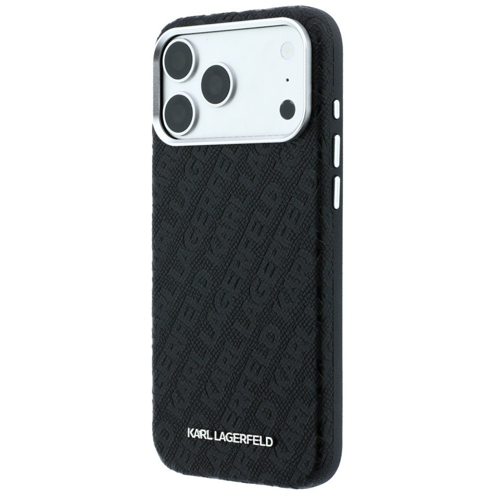 Karl Lagerfeld iPhone 17 Pro Max / iPhone 18 Pro Max - Σκληρή Θήκη με Επένδυση Οικολογικού Δέρματος - Grained Allover Logo Metal Elongated Magsafe - Black