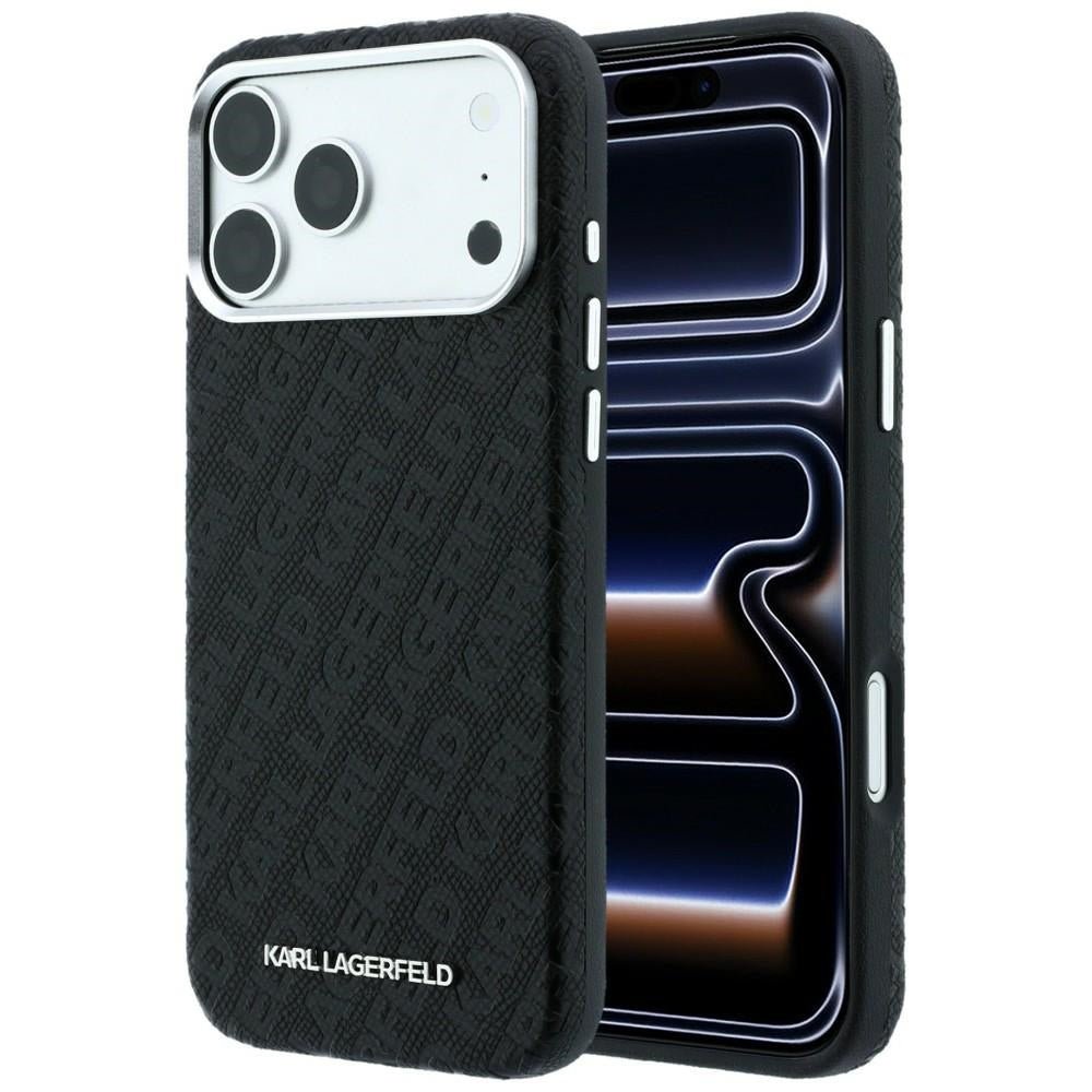 Karl Lagerfeld iPhone 17 Pro Max / iPhone 18 Pro Max - Σκληρή Θήκη με Επένδυση Οικολογικού Δέρματος - Grained Allover Logo Metal Elongated Magsafe - Black