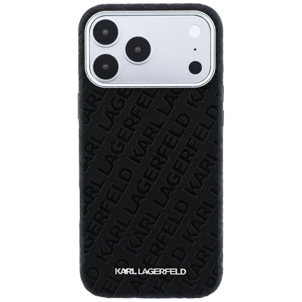 Karl Lagerfeld iPhone 17 Pro Max / iPhone 18 Pro Max - Σκληρή Θήκη με Επένδυση Οικολογικού Δέρματος - Grained Allover Logo Metal Elongated Magsafe - Black