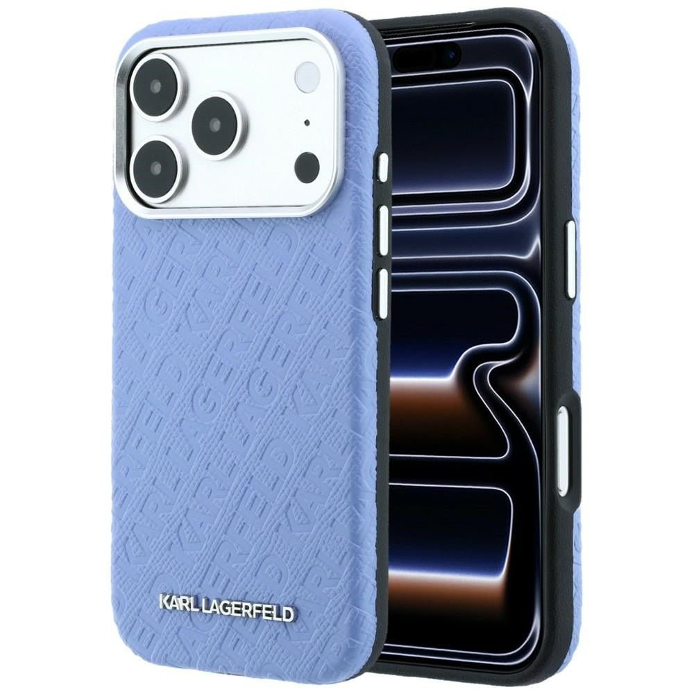 Karl Lagerfeld iPhone 17 Pro Max / iPhone 18 Pro Max - Σκληρή Θήκη με Επένδυση Οικολογικού Δέρματος - Grained Allover Logo Metal Elongated Magsafe - Blue