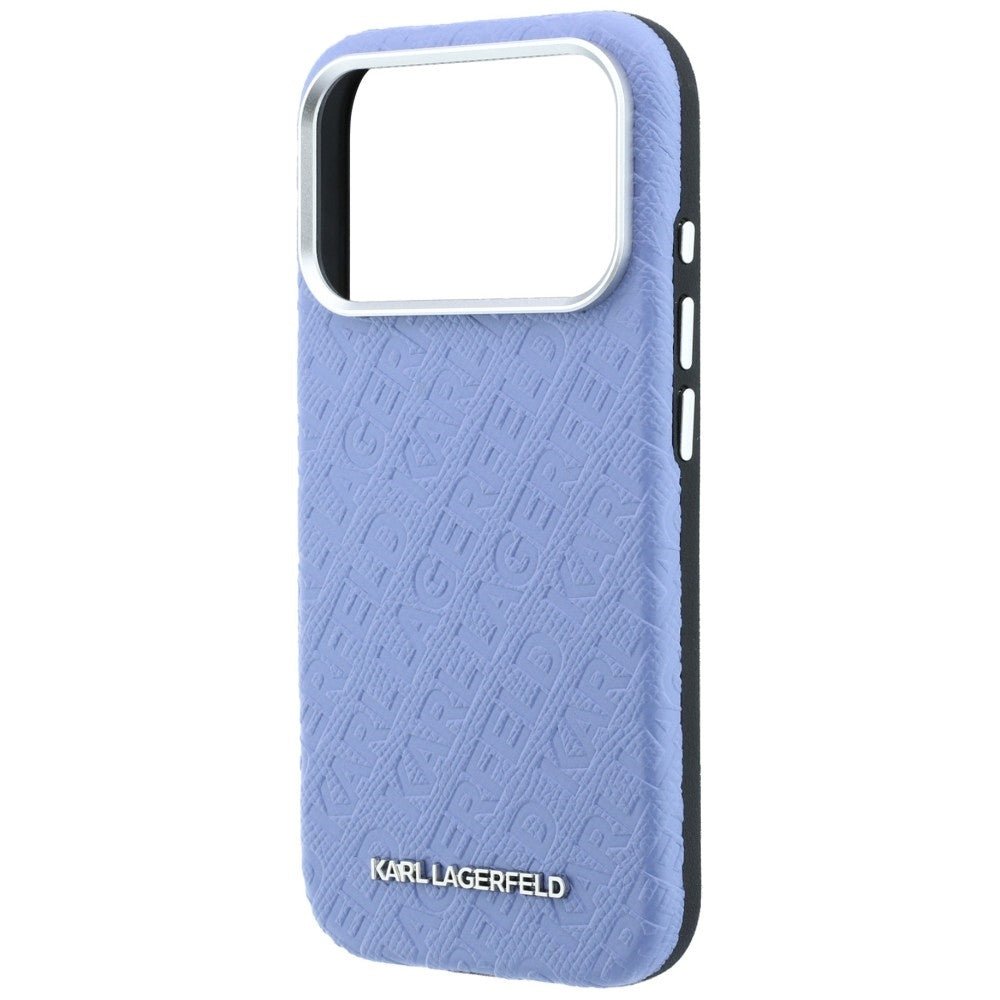 Karl Lagerfeld iPhone 17 Pro Max / iPhone 18 Pro Max - Σκληρή Θήκη με Επένδυση Οικολογικού Δέρματος - Grained Allover Logo Metal Elongated Magsafe - Blue