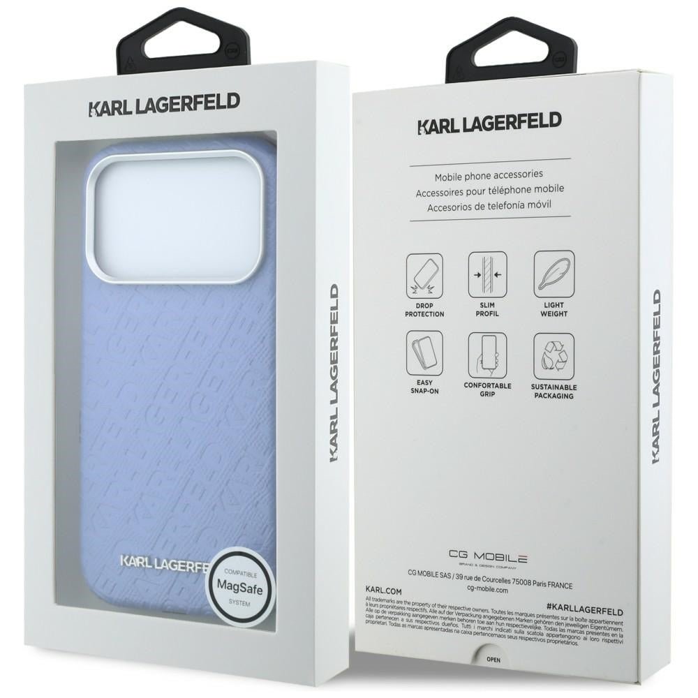 Karl Lagerfeld iPhone 17 Pro Max / iPhone 18 Pro Max - Σκληρή Θήκη με Επένδυση Οικολογικού Δέρματος - Grained Allover Logo Metal Elongated Magsafe - Blue