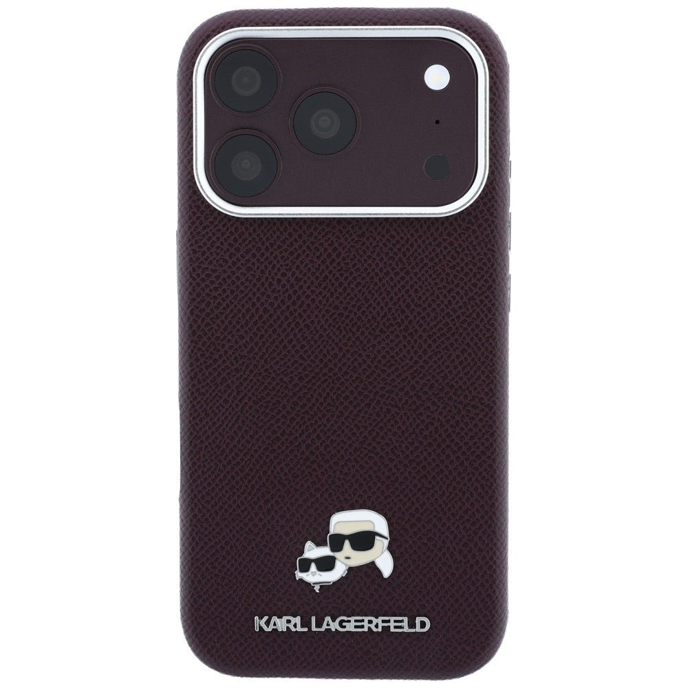 Karl Lagerfeld iPhone 17 Pro Max / iPhone 18 Pro Max - Σκληρή Θήκη με Επένδυση Συνθετικού Δέρματος - Grained Heads Metal MagSafe - Burgundy