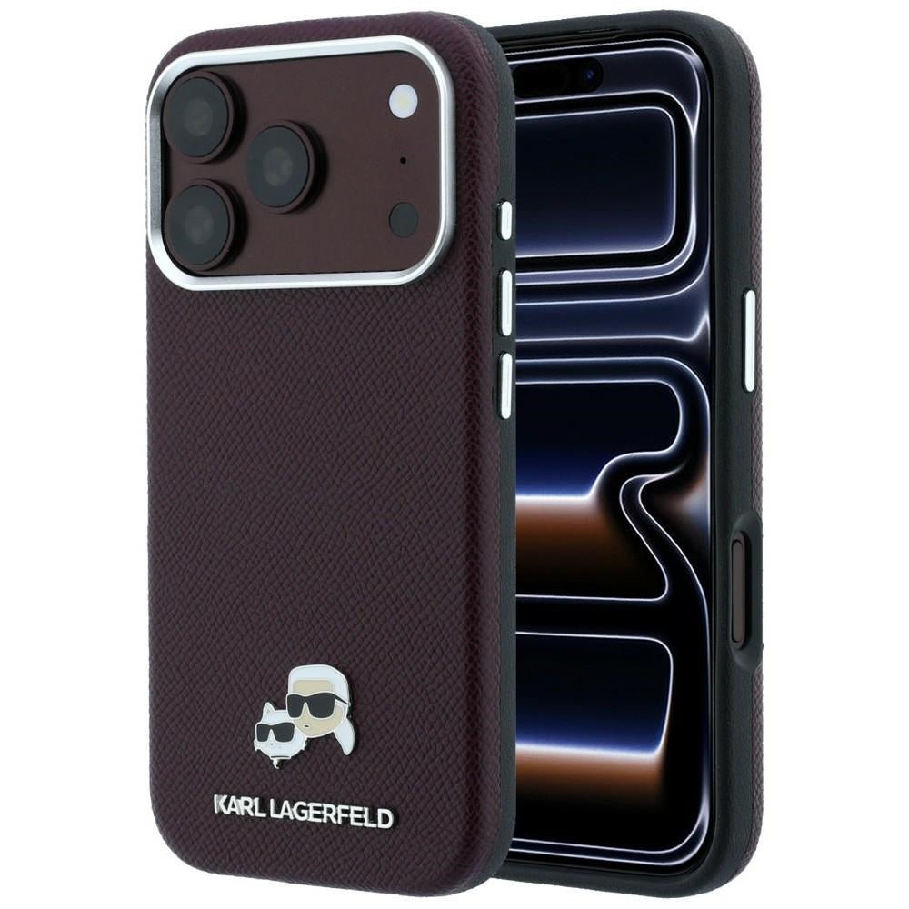 Karl Lagerfeld iPhone 17 Pro Max / iPhone 18 Pro Max - Σκληρή Θήκη με Επένδυση Συνθετικού Δέρματος - Grained Heads Metal MagSafe - Burgundy