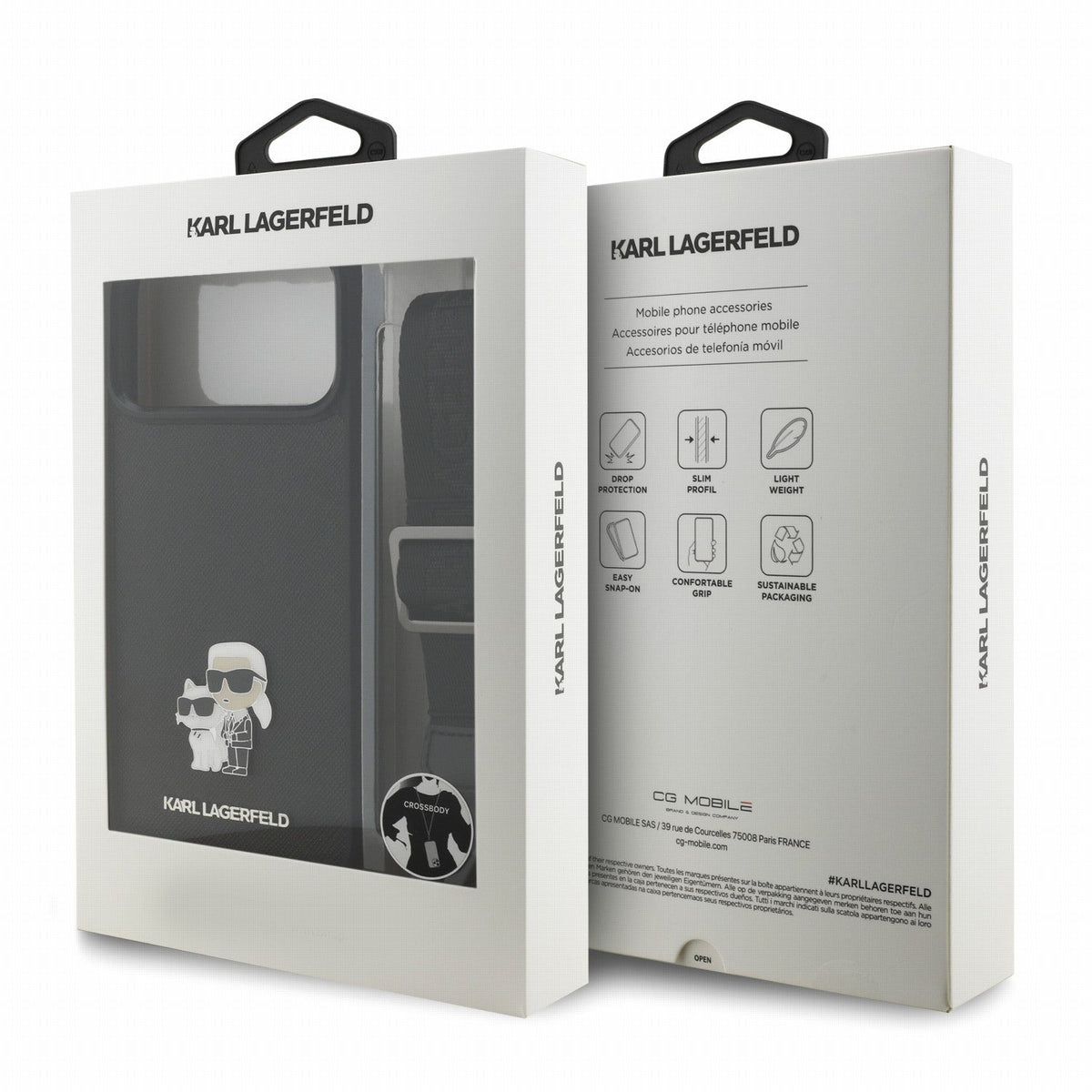 Karl Lagerfeld iPhone 17 Pro Max / iPhone 18 Pro Max - Σκληρή Θήκη με Επένδυση Συνθετικού Δέρματος και Πλαίσιο Σιλικόνης - Saffiano Crossbody Strap Metal Karl and Choupette - Black