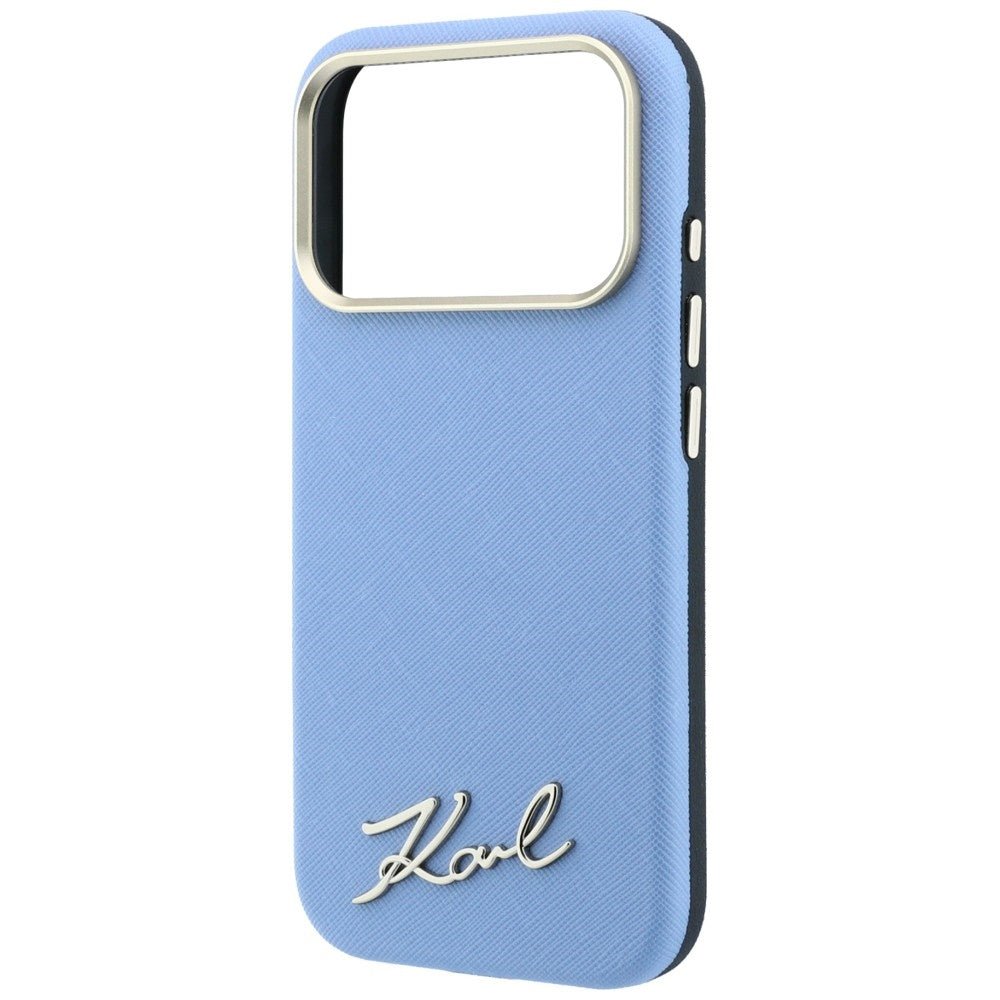 Karl Lagerfeld iPhone 17 Pro Max / iPhone 18 Pro Max - Σκληρή Θήκη με Επένδυση Συνθετικού Δέρματος και Πλαίσιο Σιλικόνης - Saffiano Small Script Metal Logo MagSafe - Light Blue