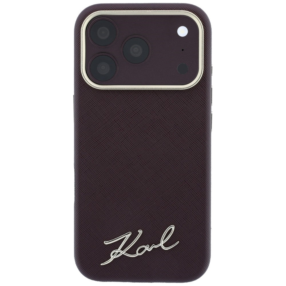 Karl Lagerfeld iPhone 17 Pro Max / iPhone 18 Pro Max - Σκληρή Θήκη με Επένδυση Συνθετικού Δέρματος και Πλαίσιο Σιλικόνης - Saffiano Small Script Metal Logo MagSafe - Burgundy