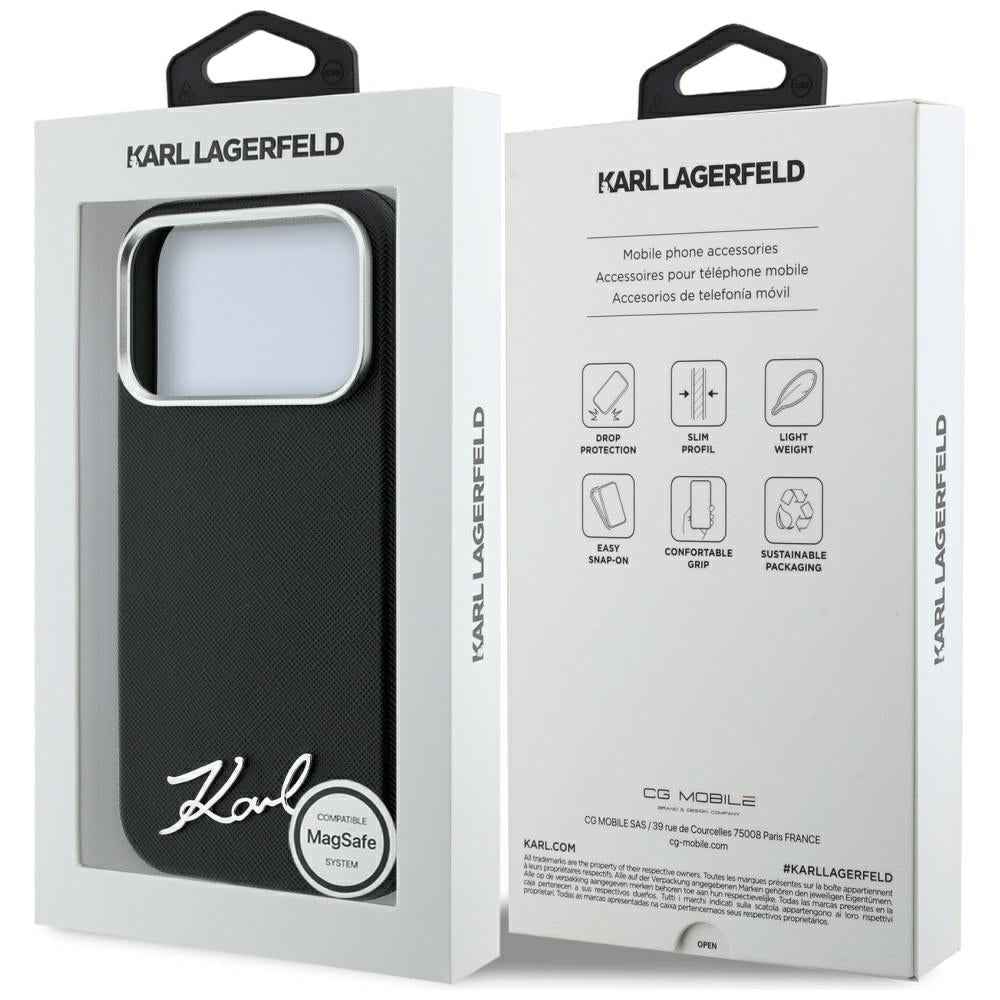 Karl Lagerfeld iPhone 17 Pro Max / iPhone 18 Pro Max - Σκληρή Θήκη με Επένδυση Συνθετικού Δέρματος και Πλαίσιο Σιλικόνης - Saffiano Small Script Metal Logo MagSafe - Black