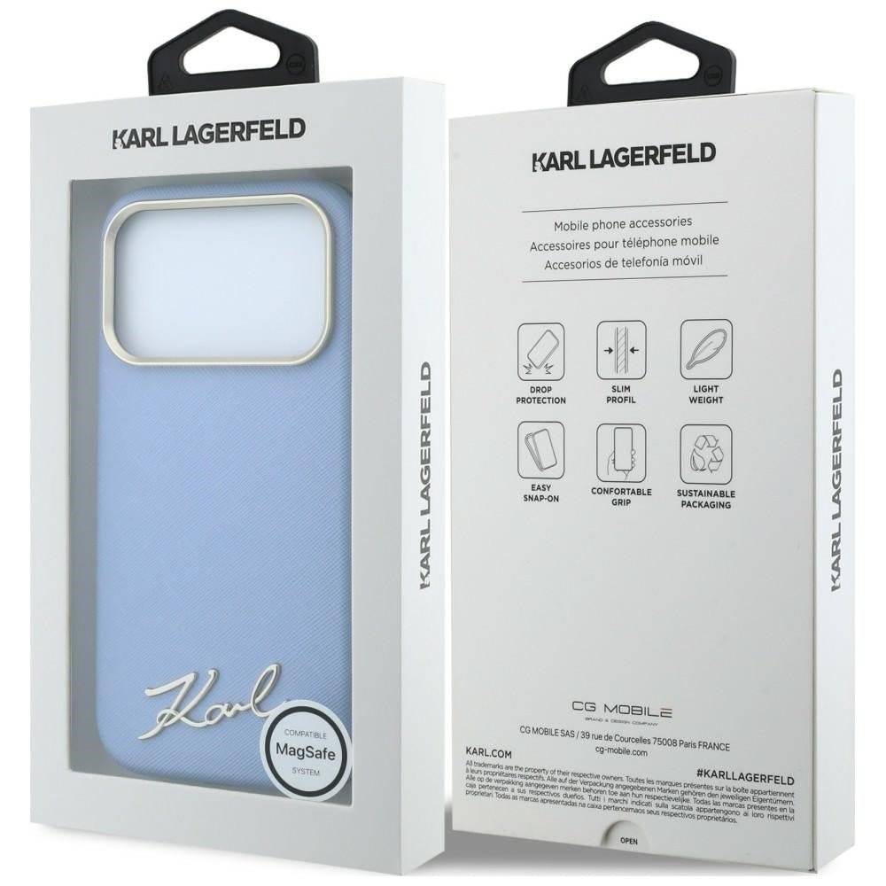 Karl Lagerfeld iPhone 17 Pro Max / iPhone 18 Pro Max - Σκληρή Θήκη με Επένδυση Συνθετικού Δέρματος και Πλαίσιο Σιλικόνης - Saffiano Small Script Metal Logo MagSafe - Light Blue