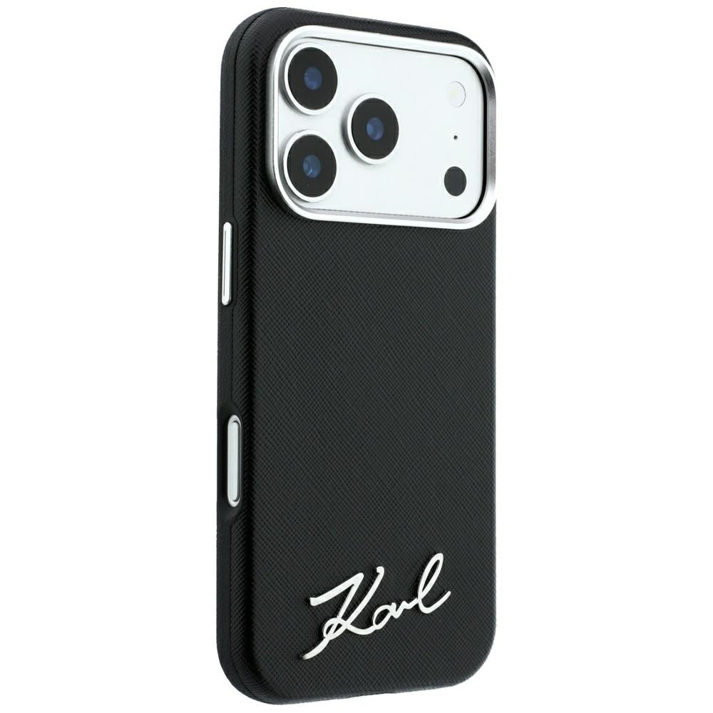Karl Lagerfeld iPhone 17 Pro Max / iPhone 18 Pro Max - Σκληρή Θήκη με Επένδυση Συνθετικού Δέρματος και Πλαίσιο Σιλικόνης - Saffiano Small Script Metal Logo MagSafe - Black