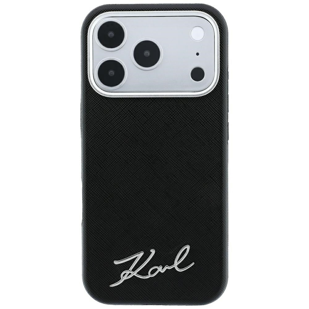 Karl Lagerfeld iPhone 17 Pro Max / iPhone 18 Pro Max - Σκληρή Θήκη με Επένδυση Συνθετικού Δέρματος και Πλαίσιο Σιλικόνης - Saffiano Small Script Metal Logo MagSafe - Black