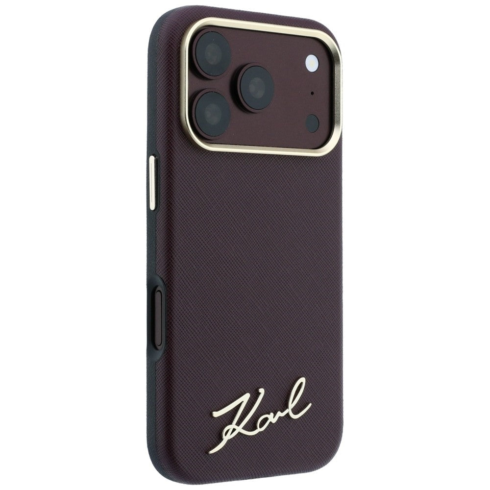 Karl Lagerfeld iPhone 17 Pro Max / iPhone 18 Pro Max - Σκληρή Θήκη με Επένδυση Συνθετικού Δέρματος και Πλαίσιο Σιλικόνης - Saffiano Small Script Metal Logo MagSafe - Burgundy