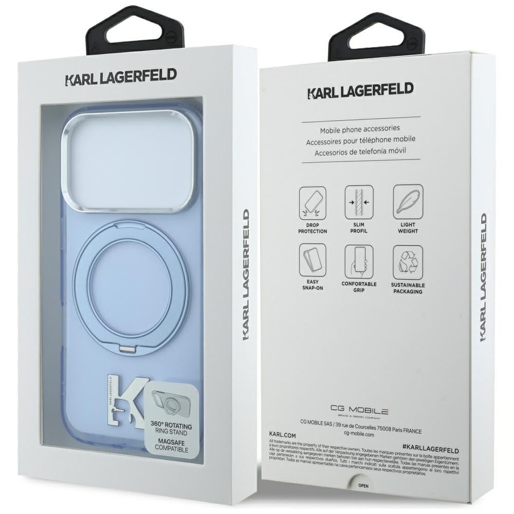 Karl Lagerfeld iPhone 17 Pro Max / iPhone 18 Pro Max - Σκληρή Θήκη με Πλαίσιο Σιλικόνης και Δαχτυλίδι Συγκράτησης - IML Ring Stand 360 Kameo Metal MagSafe - Blue