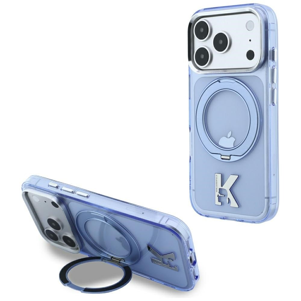 Karl Lagerfeld iPhone 17 Pro Max / iPhone 18 Pro Max - Σκληρή Θήκη με Πλαίσιο Σιλικόνης και Δαχτυλίδι Συγκράτησης - IML Ring Stand 360 Kameo Metal MagSafe - Blue