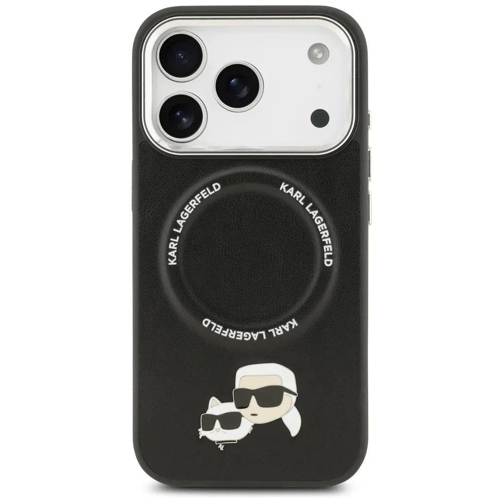 Karl Lagerfeld iPhone 17 Pro Max - Karl and Choupette Pins MagSafe - Σκληρή Θήκη με Επένδυση Συνθετικού Δέρματος - Black