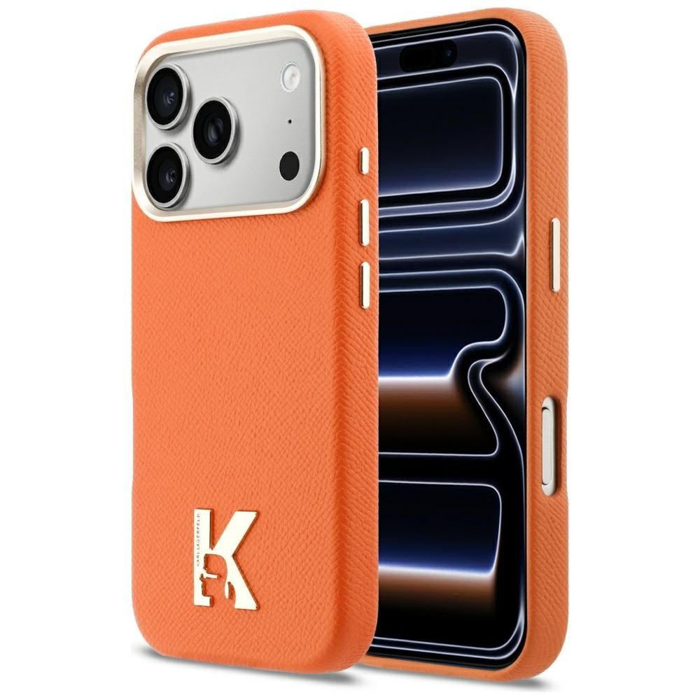 Karl Lagerfeld iPhone 17 Pro Max - Σκληρή Θήκη με Επένδυση Οικολογικού Δέρματος και MagSafe - Karl Head Logo - Οrange