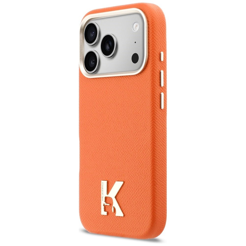 Karl Lagerfeld iPhone 17 Pro Max - Σκληρή Θήκη με Επένδυση Οικολογικού Δέρματος και MagSafe - Karl Head Logo - Οrange